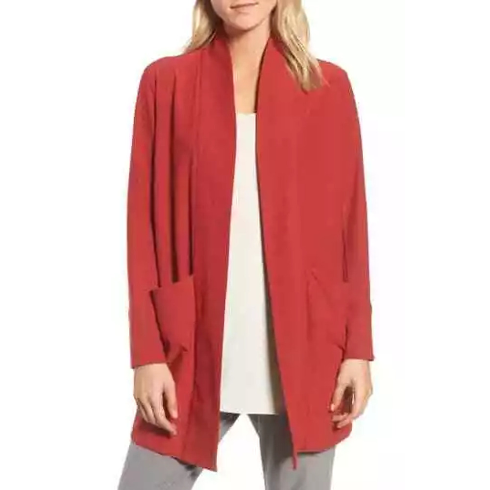 Eileen Fisher Relaxed Open-Front Long Sleeve Jacket Red XXS